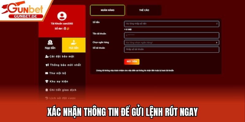Xác nhận thông tin để gửi lệnh rút ngay